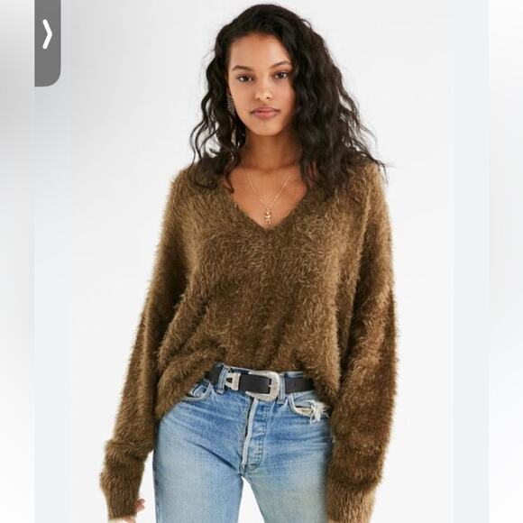 Urban Outfitters Sweaters - UO | Olive Green Oversized Fuzzy V Neck Sweater Size Small
